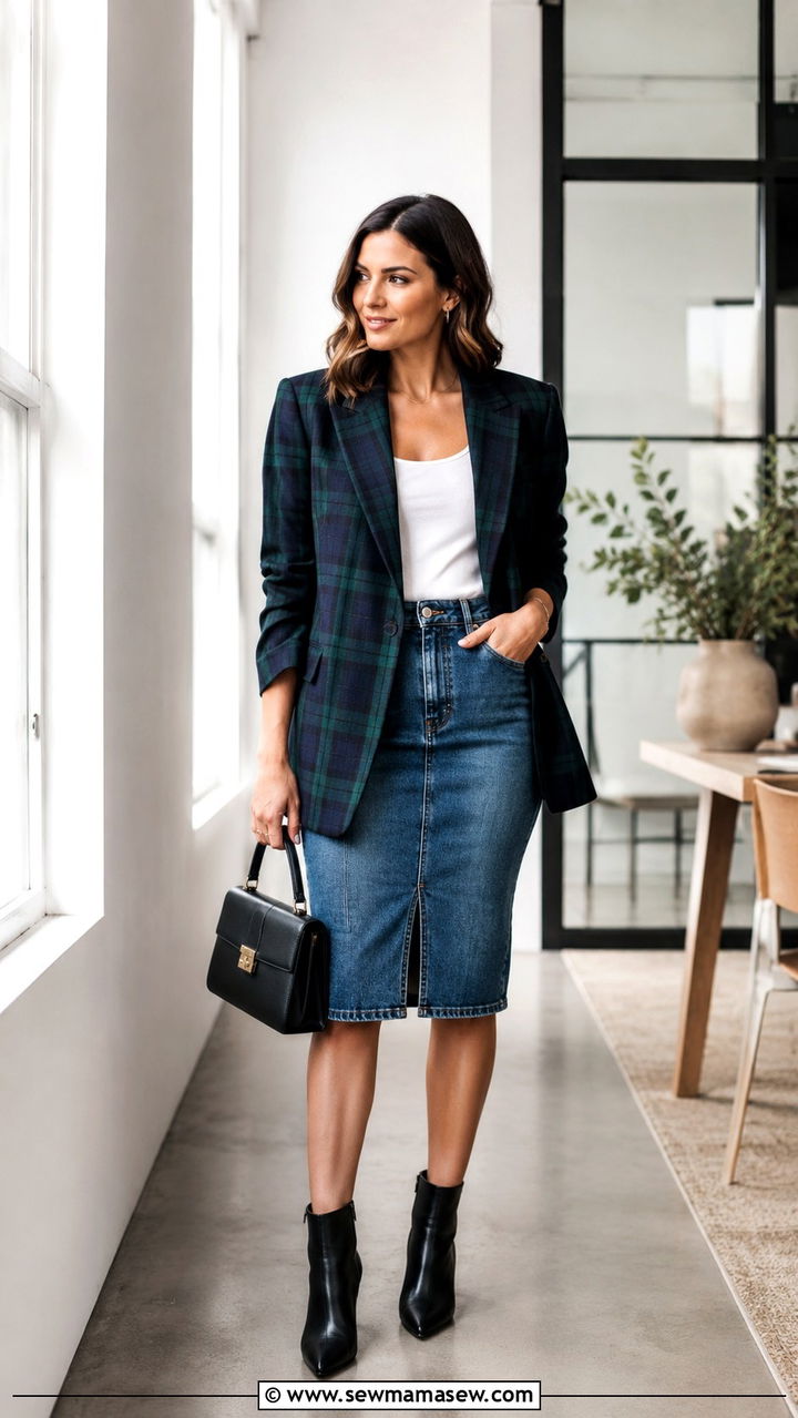 Plaid Blazer With Denim Pencil Skirt - 25 2026 fashion trends women ideas
