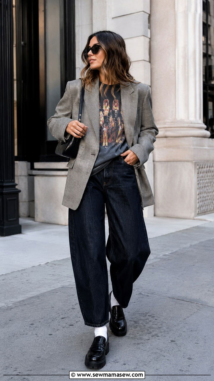 Plaid Blazer With Graphic Tee And Barrel Jeans And Loafers - 25 Barrel jeans outfit ideas with loafers