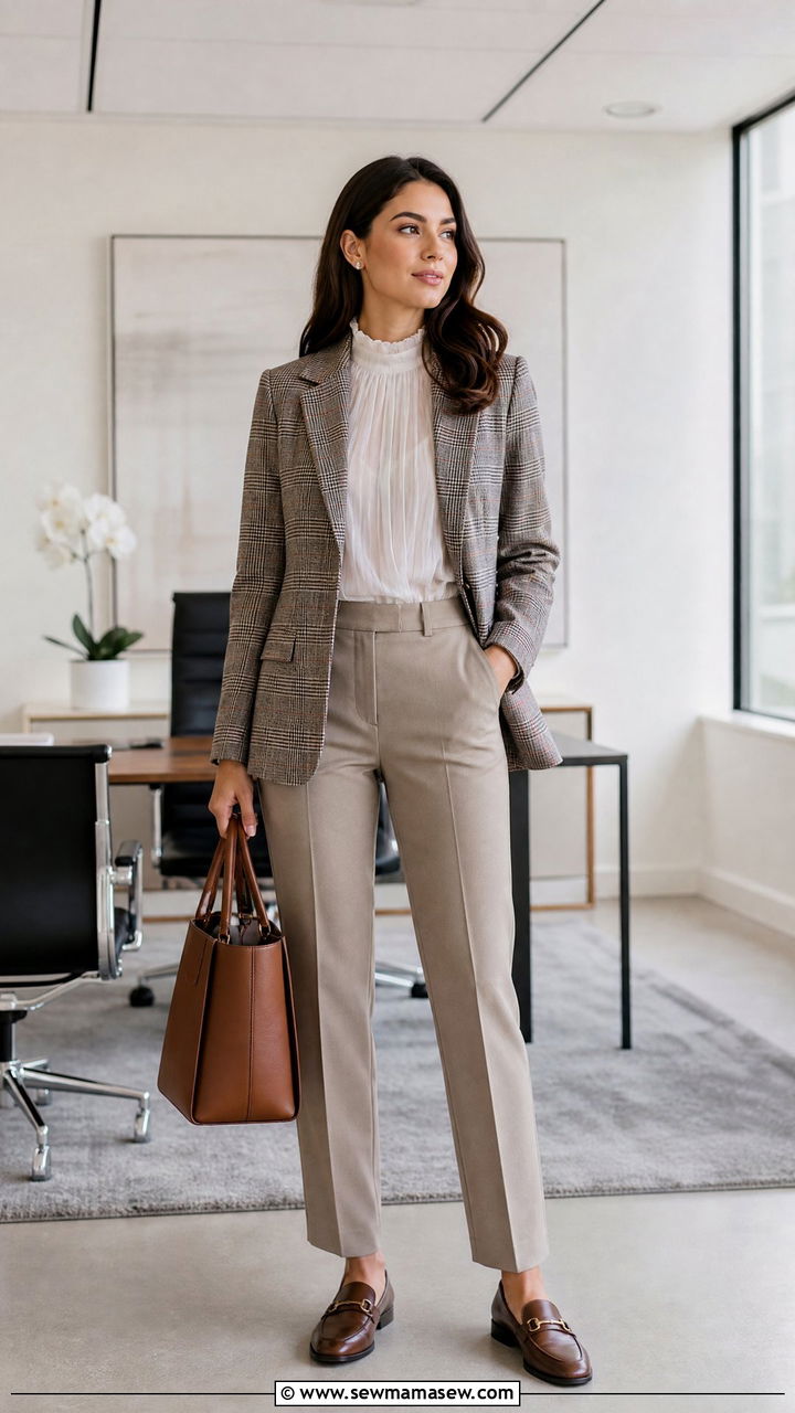 Plaid Blazer With High Neck Blouse And Trousers - 30 modest classy outfits for women