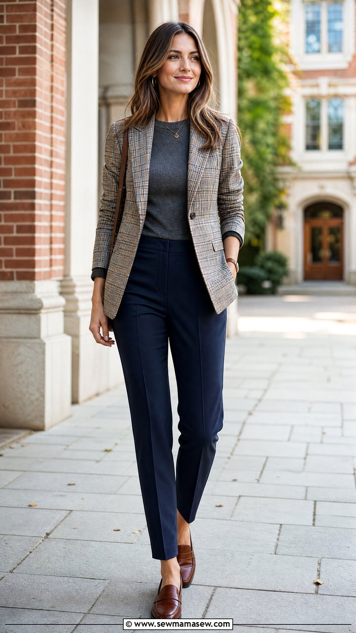 Plaid Blazer With Navy Tailored Trousers - 30 Formal office outfit ideas