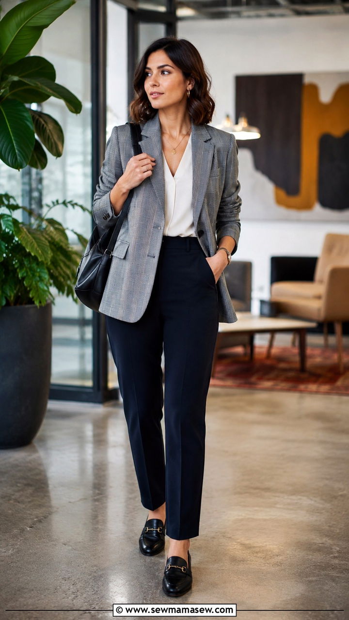 Plaid Blazer With Navy Trousers And Loafers - 30 HR conference outfit ideas