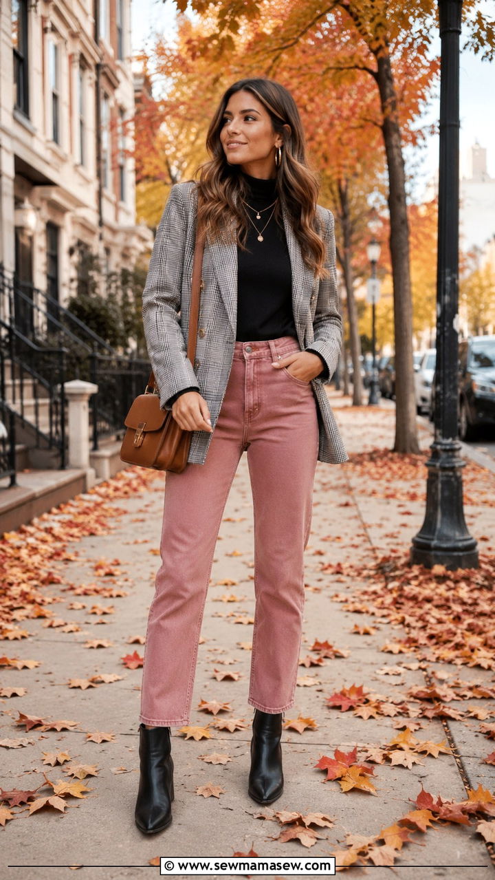 Plaid Blazer With Pink Jeans and Ankle Boots - 30 Pink jeans outfit ideas
