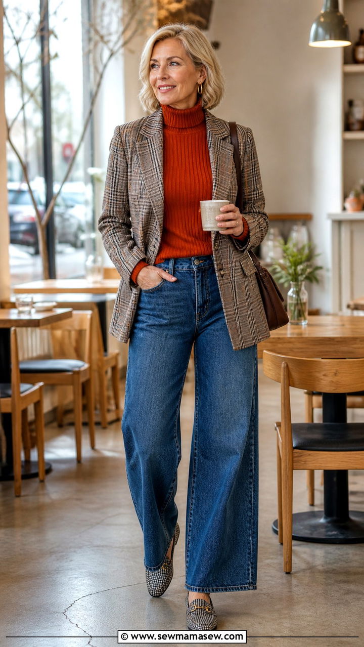 Plaid Blazer With Rust Turtleneck and Wide Leg Jeans - 40 Spring outfit ideas for women over 50 2026