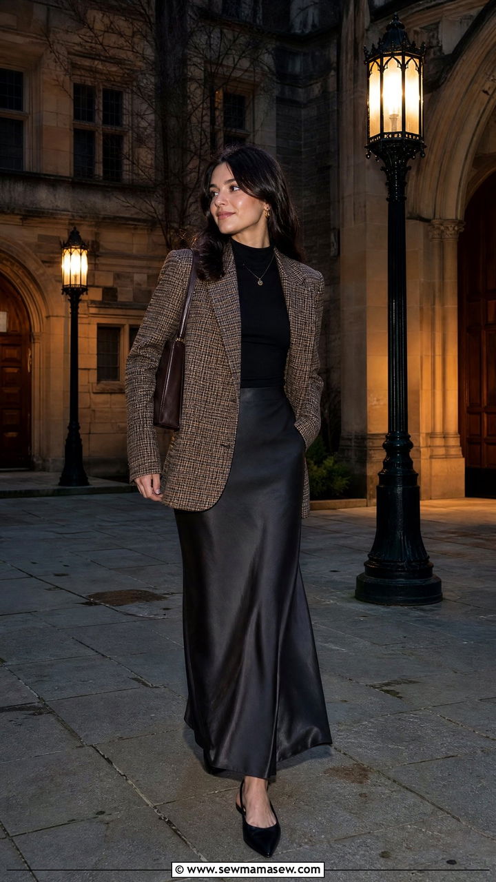 Plaid Blazer With Satin Maxi Skirt Outfit - 30 Dark academia spring outfits
