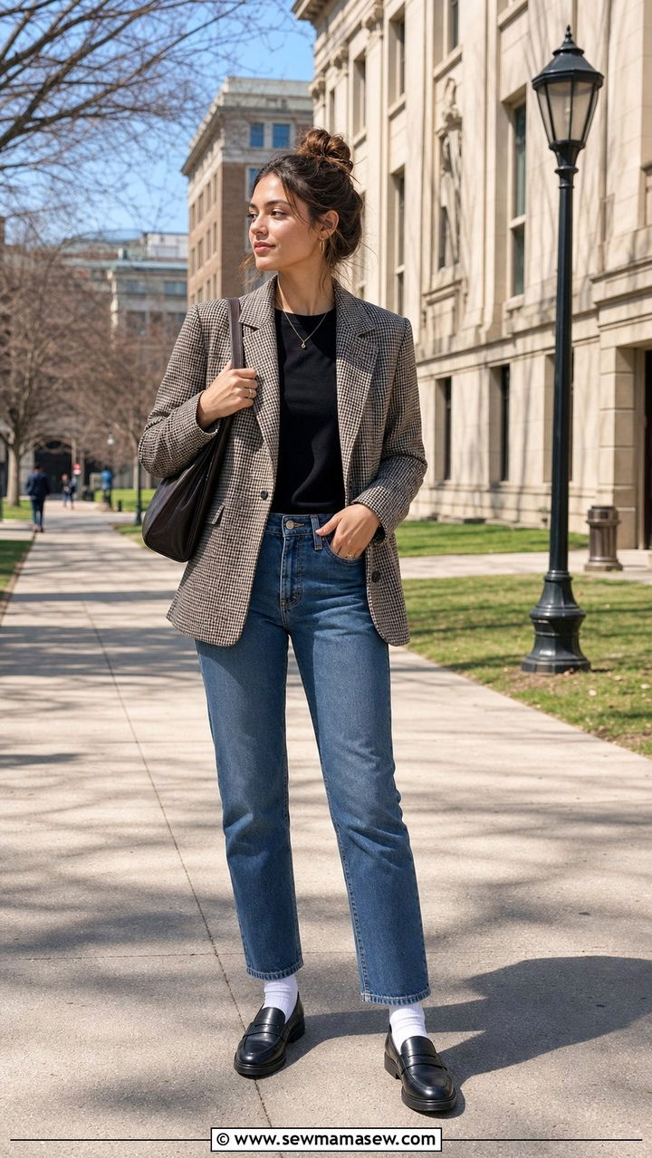 Plaid Blazer With Straight Leg Jeans And Black Loafers - 25 Straight leg jeans outfit ideas with loafers