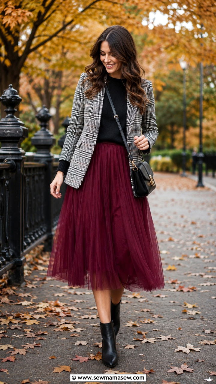 Plaid Blazer With Tulle Skirt - 20 Tulle skirt outfit ideas with a blazer