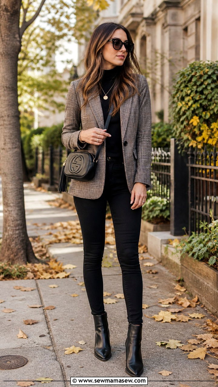 Plaid Blazer With Turtleneck And Black Skinny Jeans - 40 blazer outfits