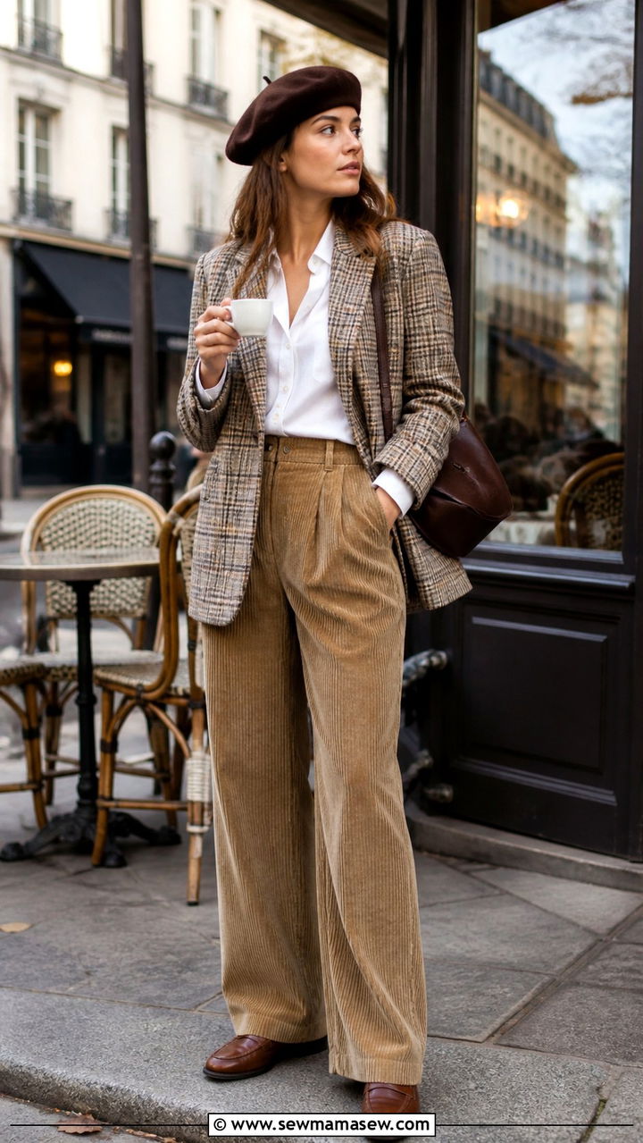 Plaid Blazer With White Shirt And Corduroy Trousers - 40 light academia outfits for women