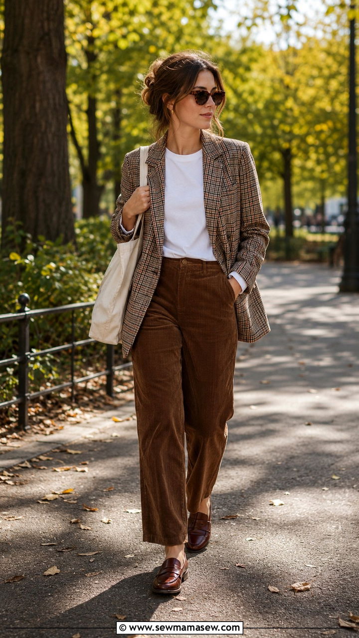Plaid Blazer With White Tee And Corduroy Trousers - 30 light academia outfits inspo
