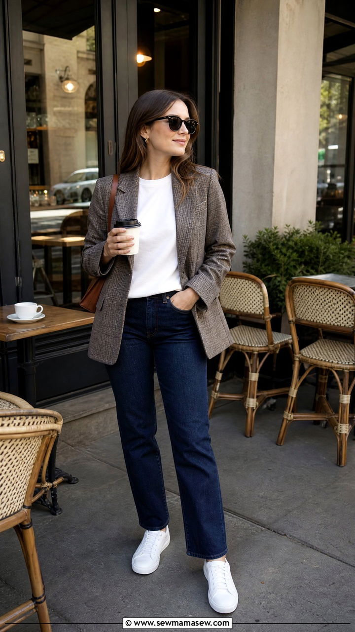 Plaid Blazer With White Tee And Jeans - 35 Ivy league outfit ideas