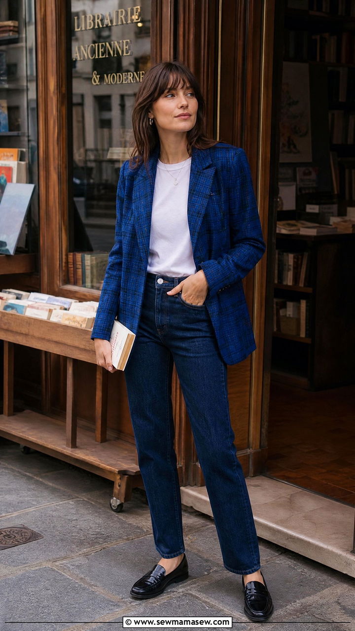 Plaid Blazer With a White Tee and Dark Wash Denim - 30 French girl outfits 2026