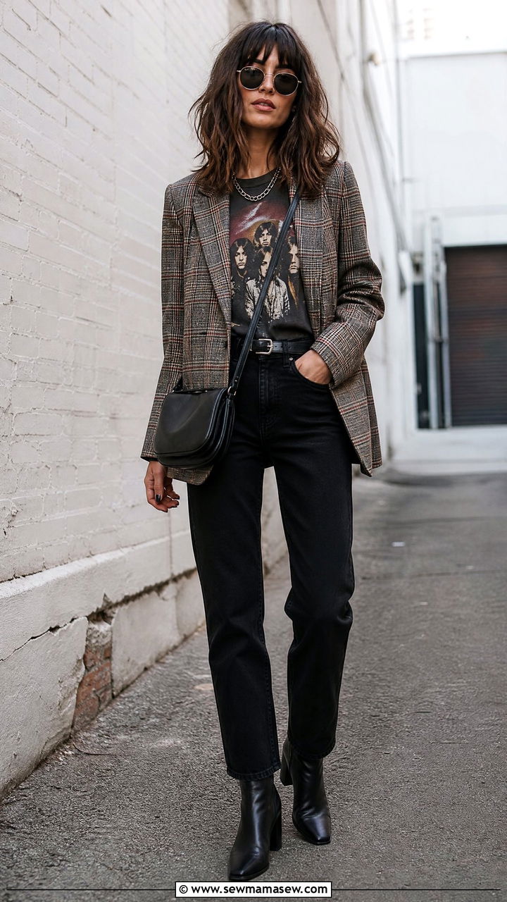 Plaid Blazer and Band Tee Outfit - 25 fashion inspo outfits ideas