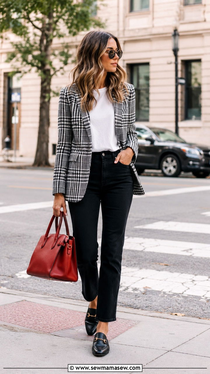 Plaid Blazer and Black Denim With Gucci Loafers - 25 Old money outfit ideas with Gucci loafers