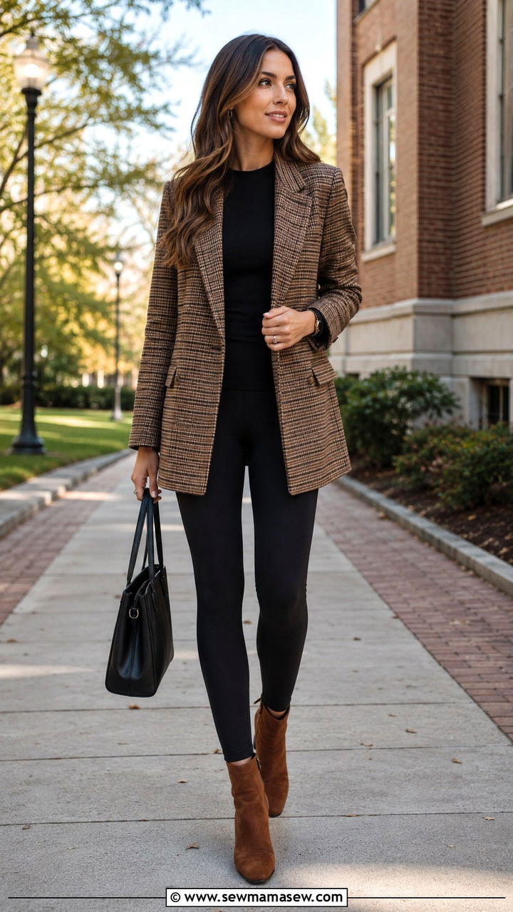 Plaid Blazer and Black Leggings Outfit - 25 Researcher outfit ideas
