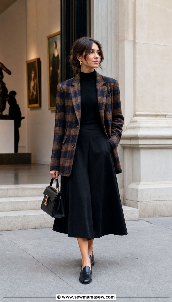 Plaid Blazer and Black Midi Skirt - 25 spring dark academia outfits