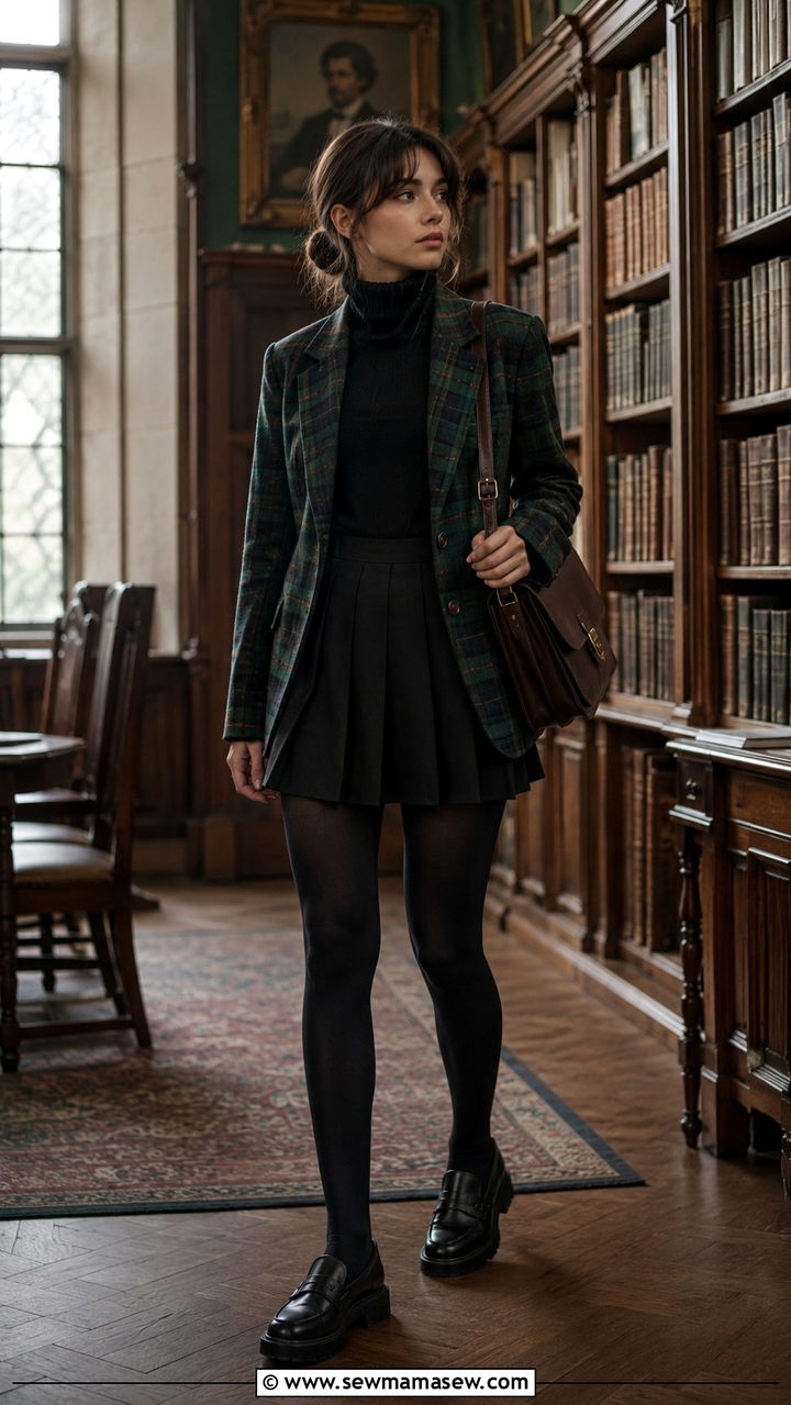 Plaid Blazer and Black Pleated Mini Skirt Outfit - 25 aesthetic outfits to copy