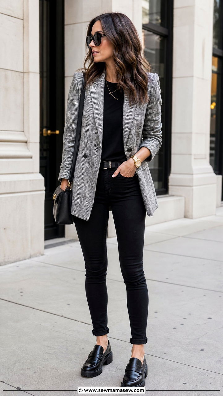 Plaid Blazer and Black Skinny Jeans with Loafers - 25 classy edgy outfit ideas