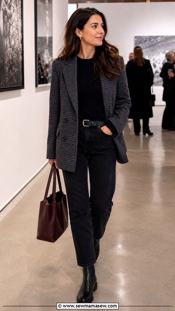 Plaid Blazer and Black Straight Leg Jeans With Chelsea Boots - 20 Photography exhibit outfit ideas