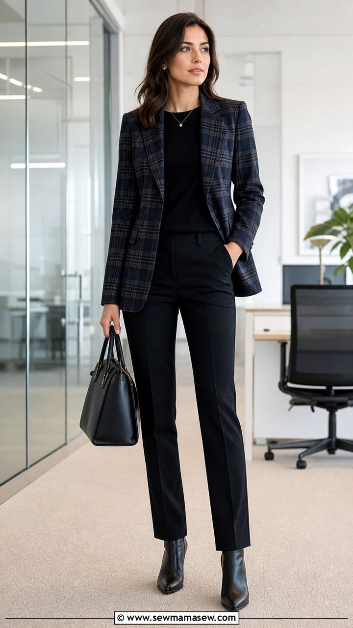 Plaid Blazer and Black Trousers Office Outfit - 40 office outfits for women
