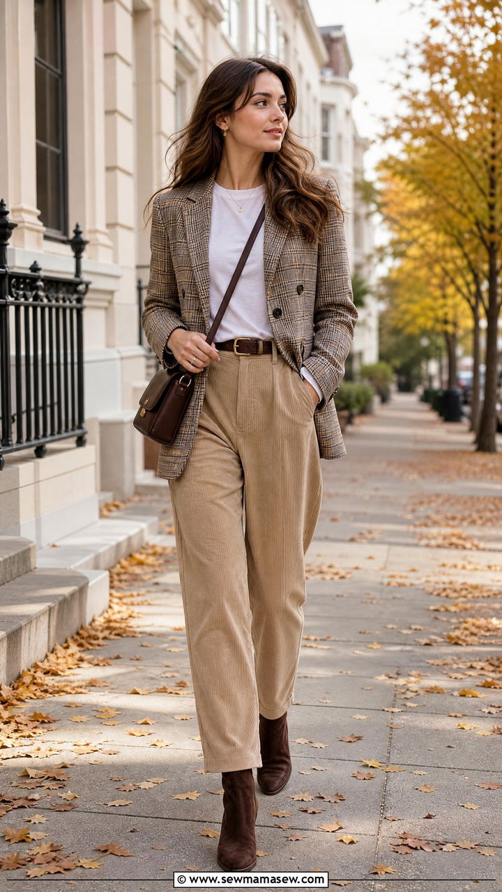 Plaid Blazer and Corduroy Trousers - 25 classy light academia outfit ideas