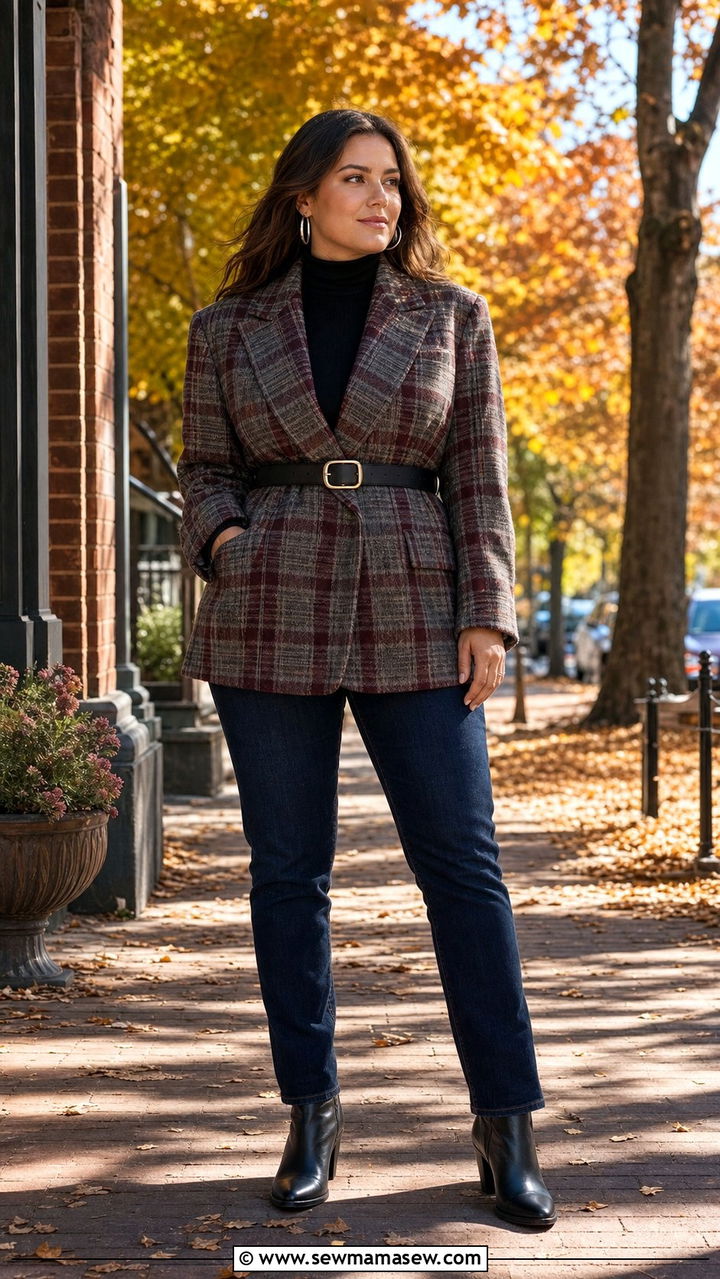 Plaid Blazer and Dark Denim Jeans Outfit - 25 Cute outfits for midsize women