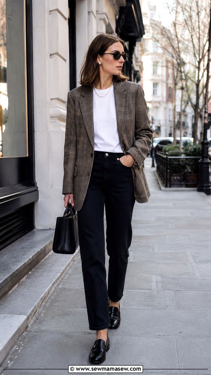 Plaid Blazer and Dark Jeans With White Tee and Pearl Necklace - 25 Old money outfit ideas with pearls necklace