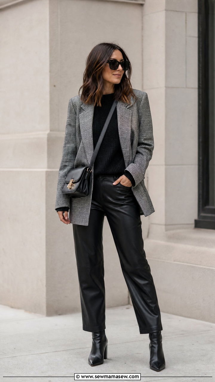 Plaid Blazer and Leather Trousers Outfit - 30 Fashion show outfit ideas