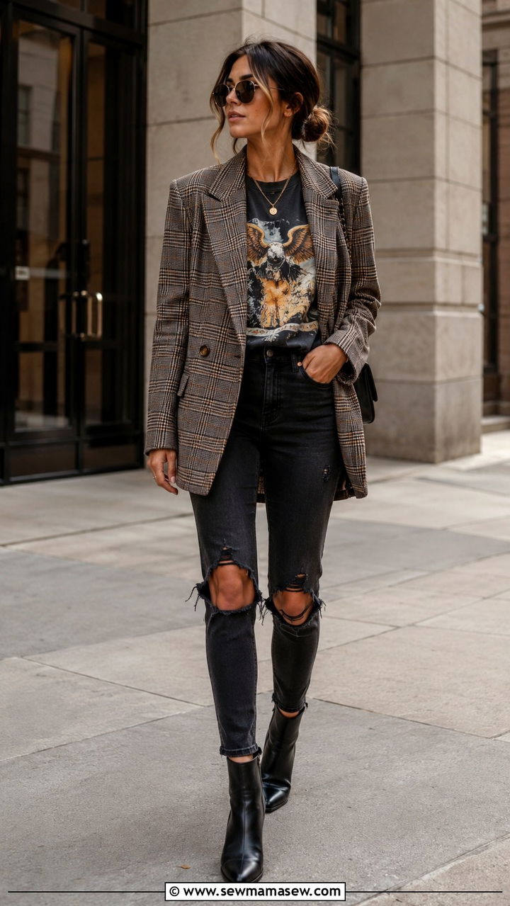 Plaid Blazer and Ripped Black Jeans with Ankle Boots - 30 grunge outfits inspo