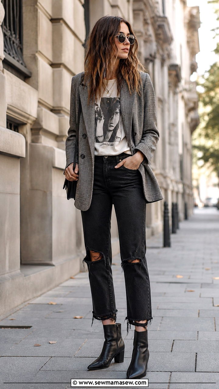 Plaid Blazer and Ripped Jeans Grunge Outfit - 20 grunge capsule wardrobe outfits