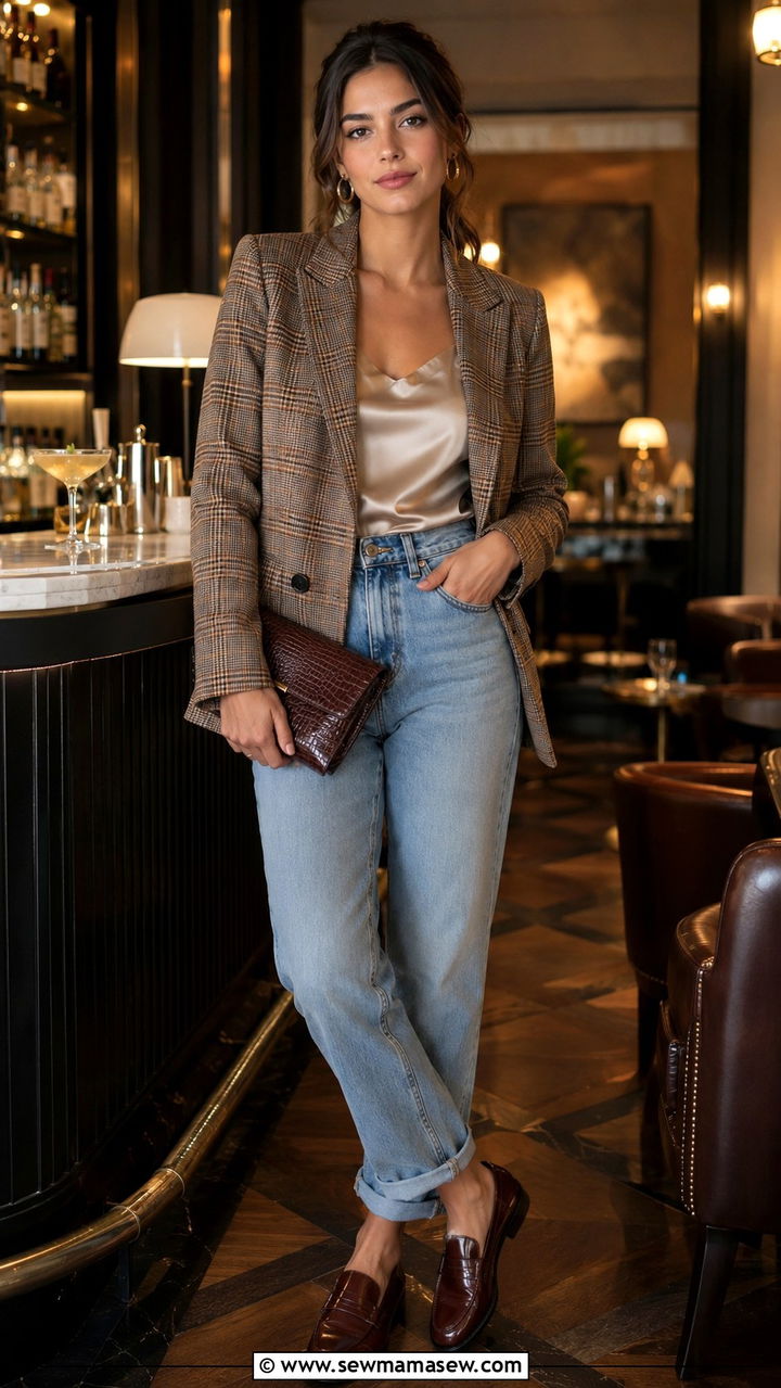 Plaid Blazer and Satin Camisole with Jeans - 25 Old money outfit ideas with jeans