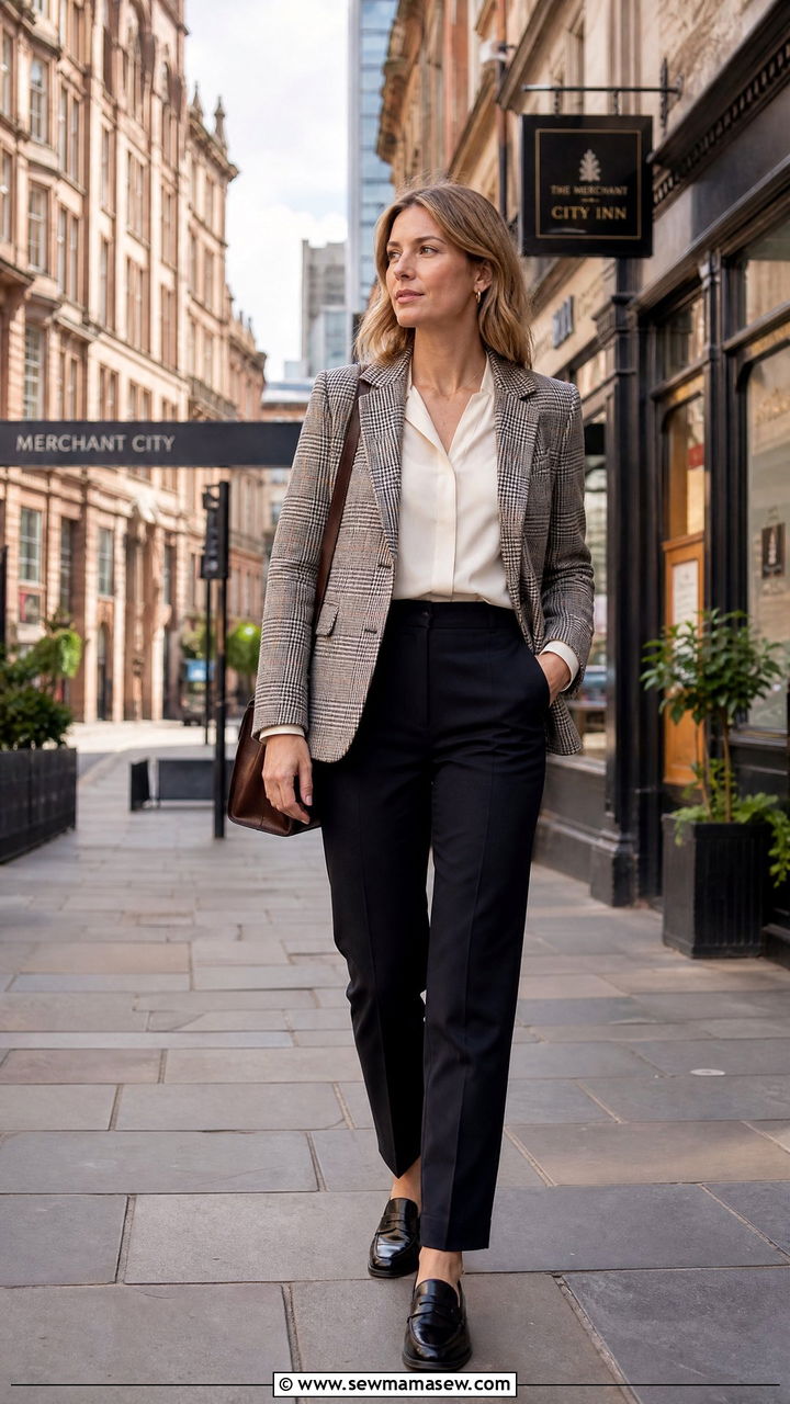 Plaid Blazer and Tailored Trousers With Loafers - 25 Glasgow outfit ideas