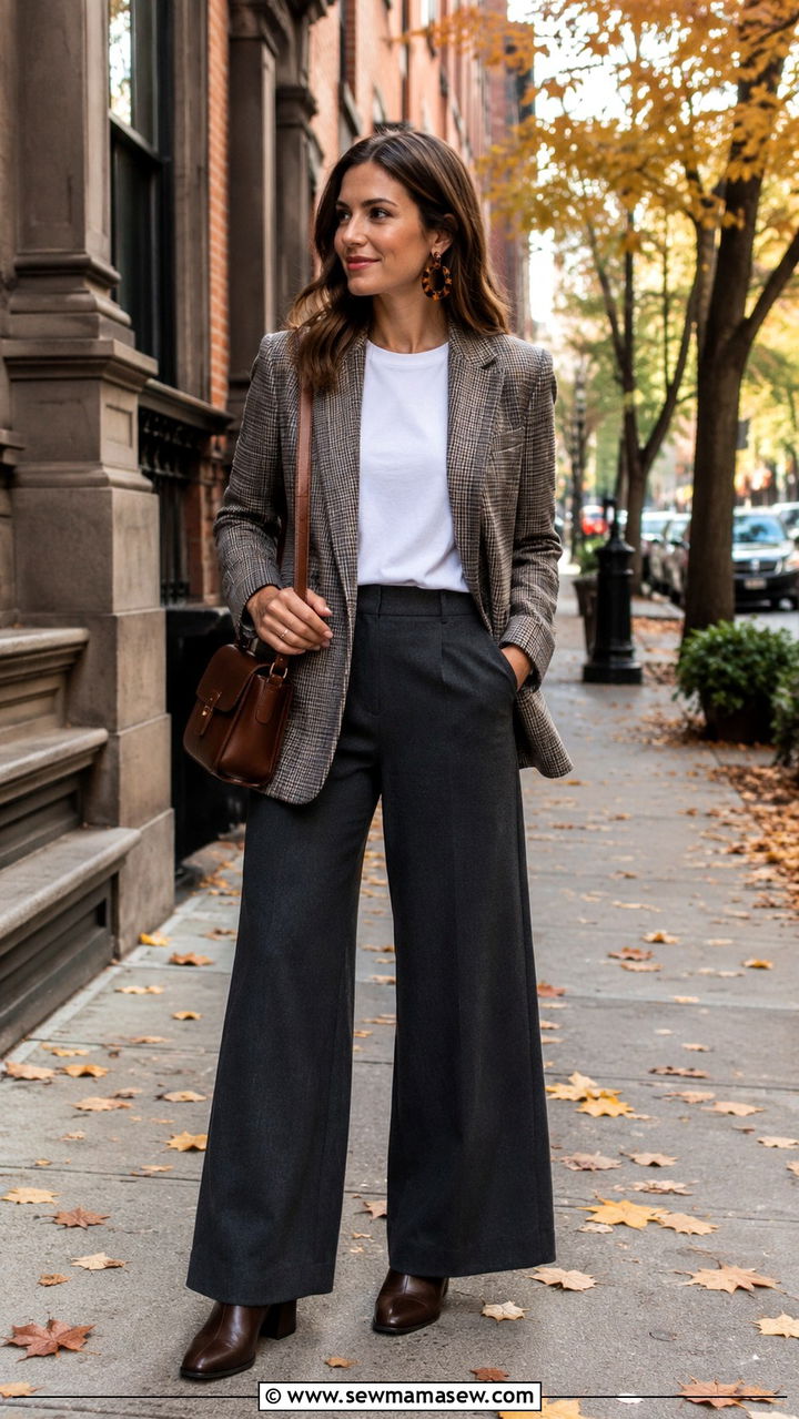 Plaid Blazer and Wide Leg Trousers Outfit - 30 cute wide leg pants outfits