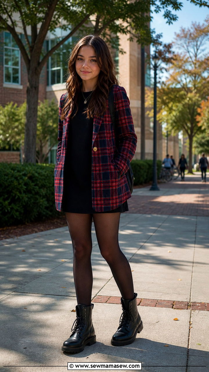 Plaid Blazer with Black Dress and Combat Boots Outfit - 40 First day of school outfit ideas 2026