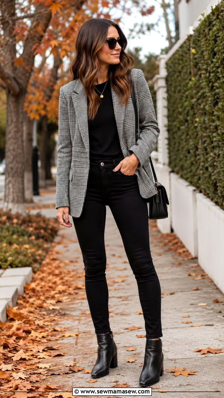 Plaid Blazer with Black Jeans and Ankle Boots - 25 Black jeans outfit ideas with a blazer