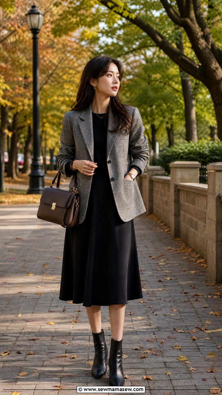 Plaid Blazer with Black Midi Skirt - 30 elegant outfit ideas for women