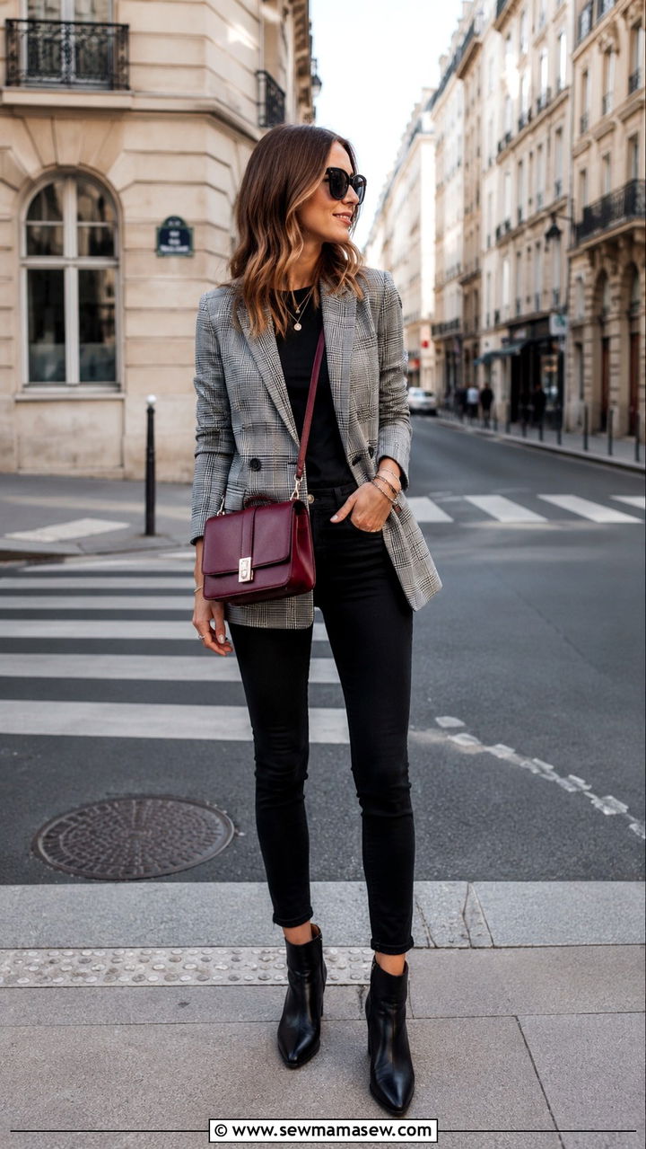 Plaid Blazer with Black Skinny Jeans and Ankle Boots - 30 Parisian street style outfit ideas