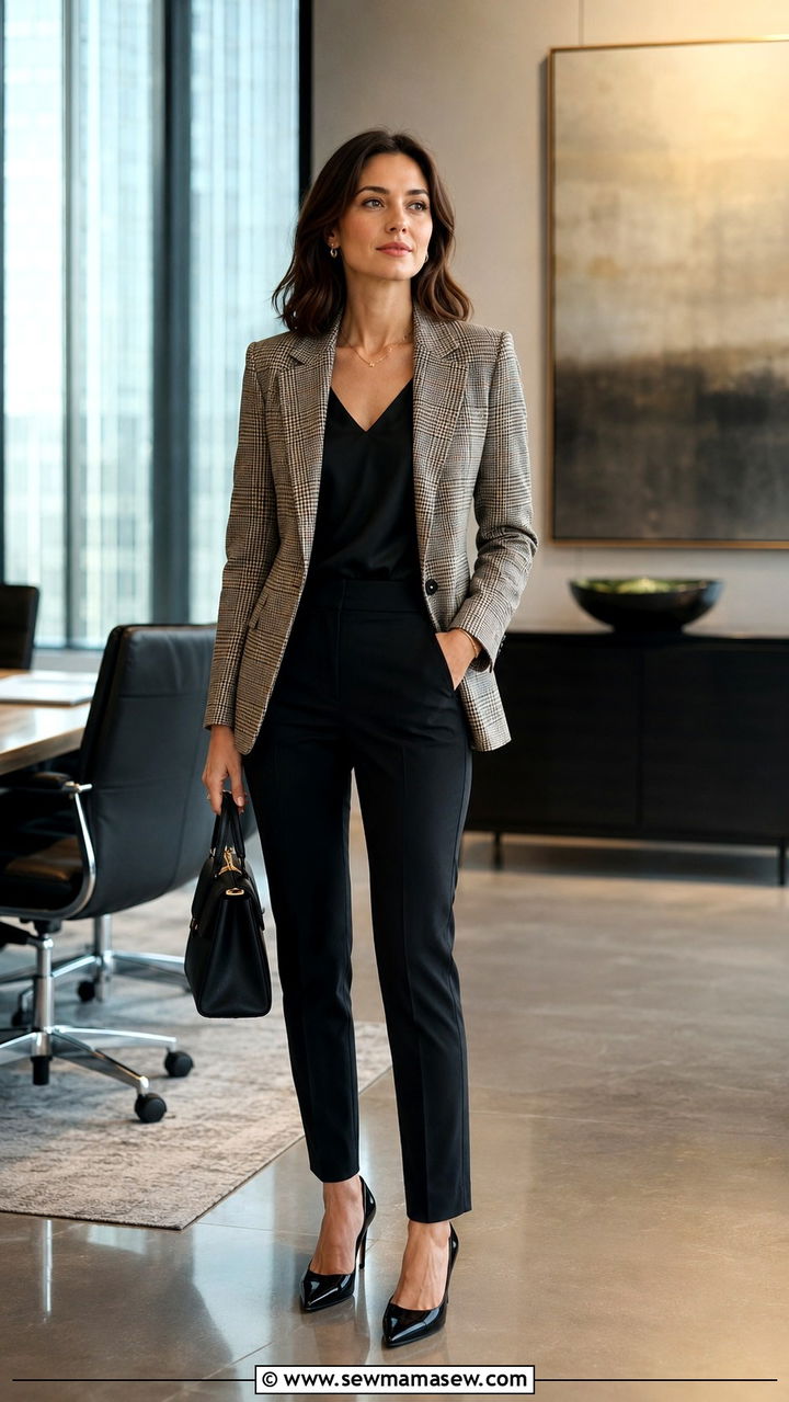 Plaid Blazer with Black Slim Fit Dress Pants for Petites - 30 Old money outfit ideas petite