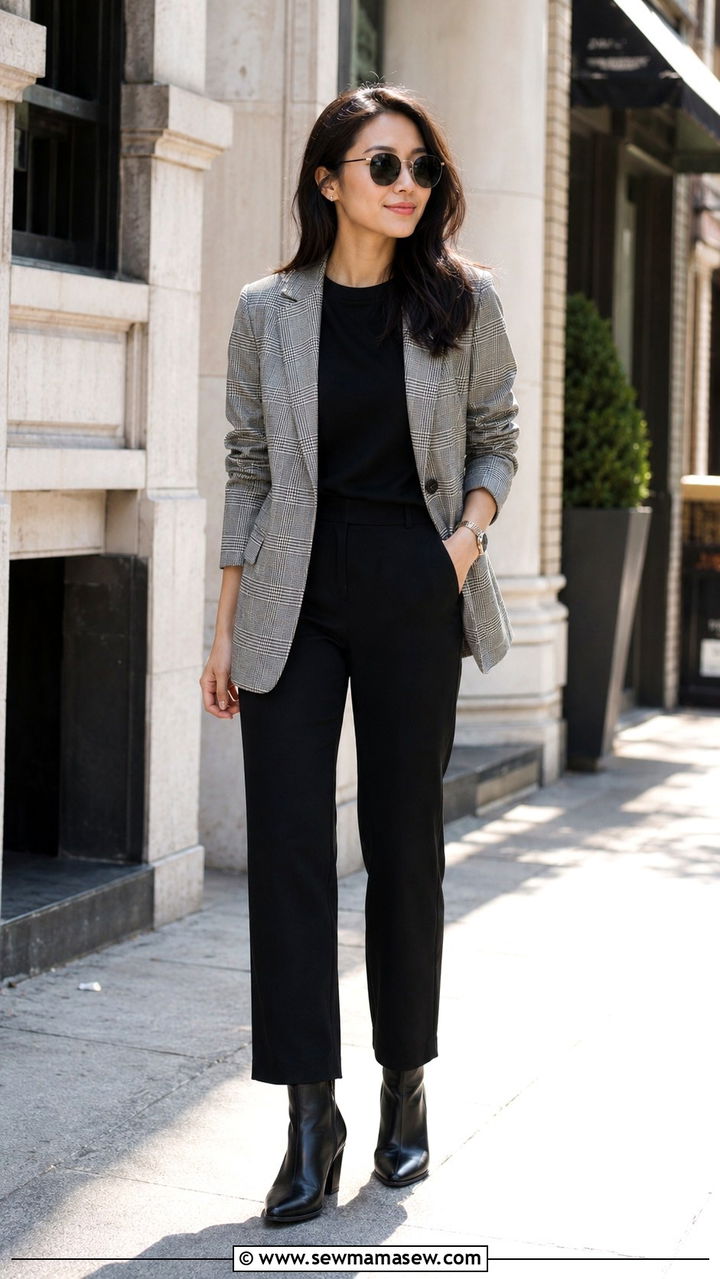 Plaid Blazer with Black Trousers and Ankle Boots - 20 Financial advisor outfit ideas