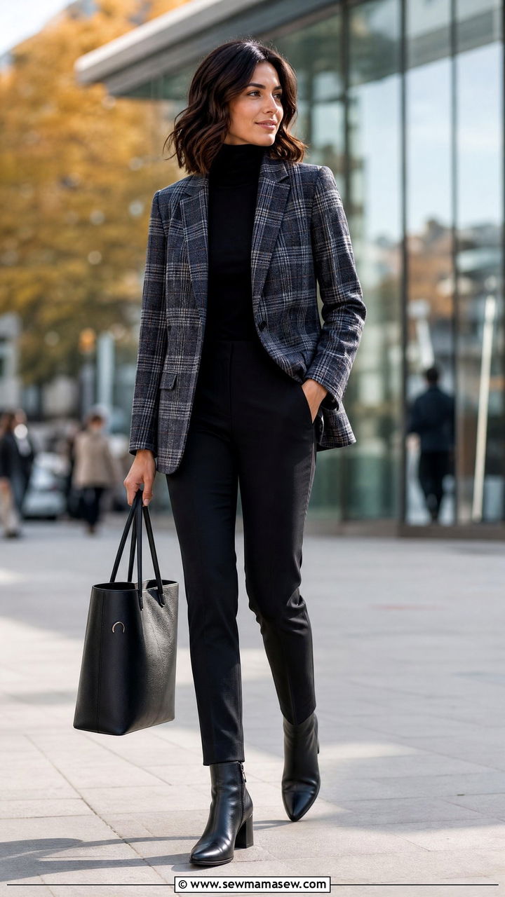 Plaid Blazer with Black Trousers and Ankle Boots - 25 Keynote speaker outfit ideas