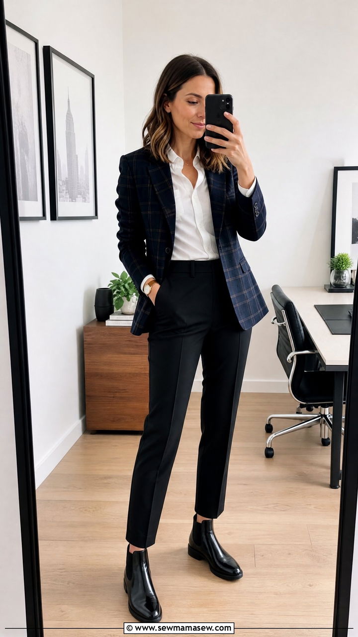 Plaid Blazer with Black Trousers and Chelsea Boots - 25 Business casual outfits with boots