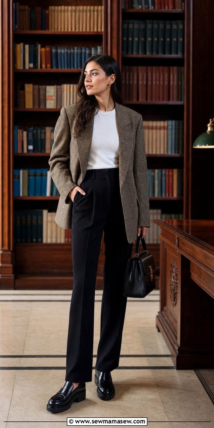 Plaid Blazer with Black Trousers and Loafers - 35 back to school outfits inspo