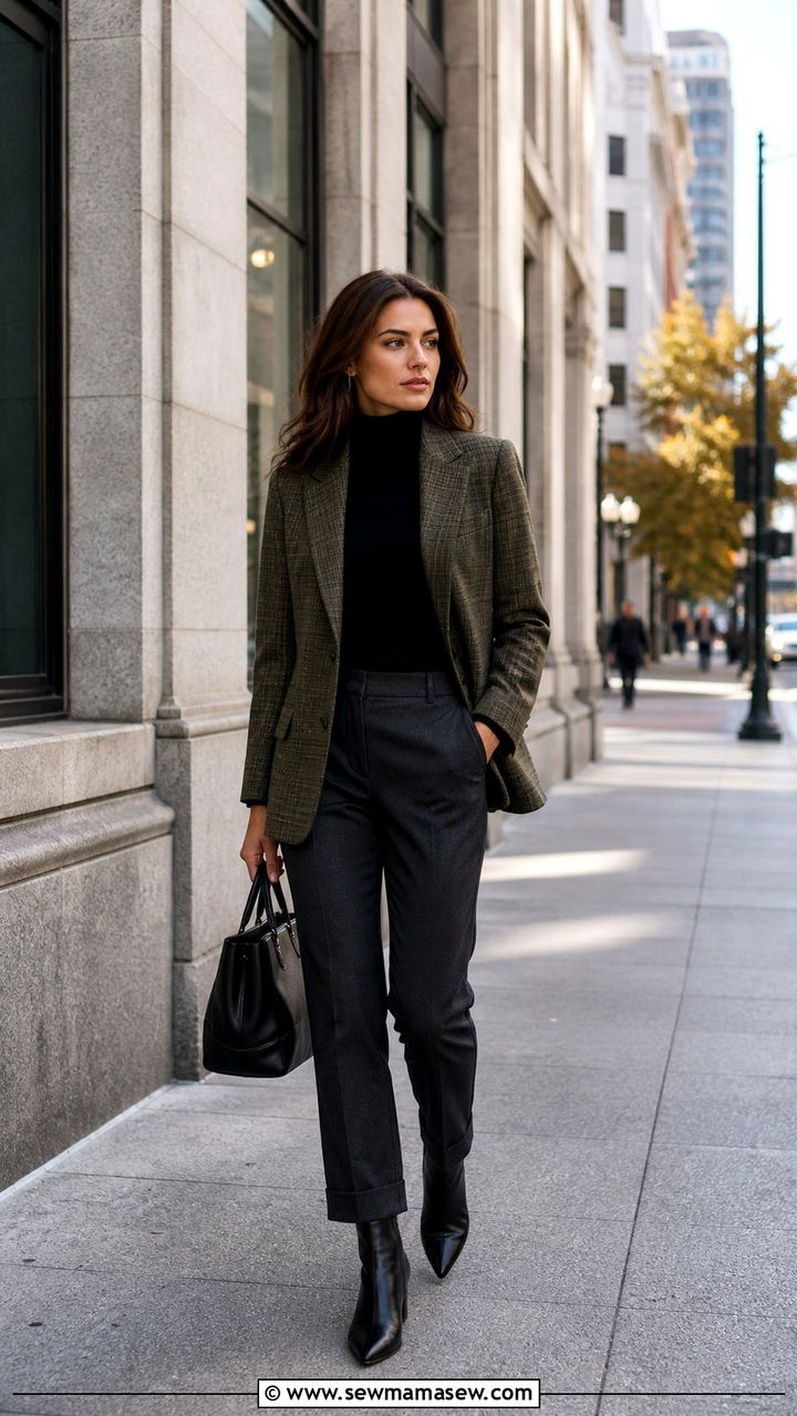 Plaid Blazer with Black Turtleneck and Tailored Pants - 40 old money outfits ideas