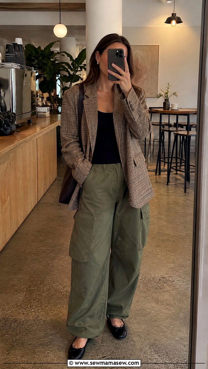 Plaid Blazer with Cargo Pants Outfit - 40 cargo pants outfits ideas