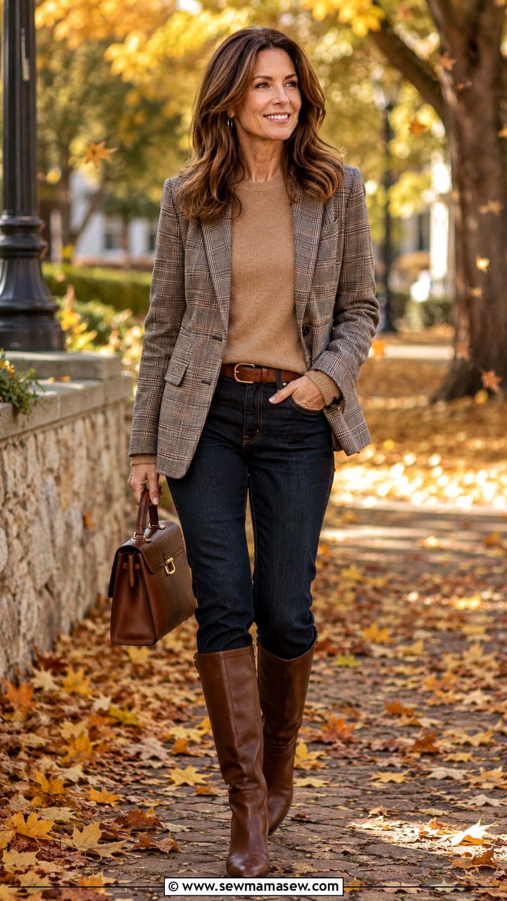 Plaid Blazer with Cashmere Sweater - 25 blazer outfits for women over 40