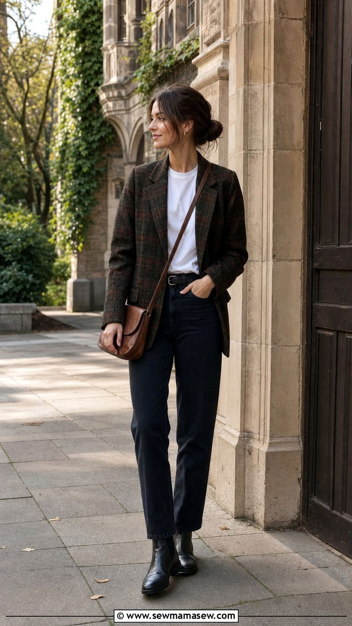 Plaid Blazer with Dark Jeans and Chelsea Boots - 25 cute dark academia outfits