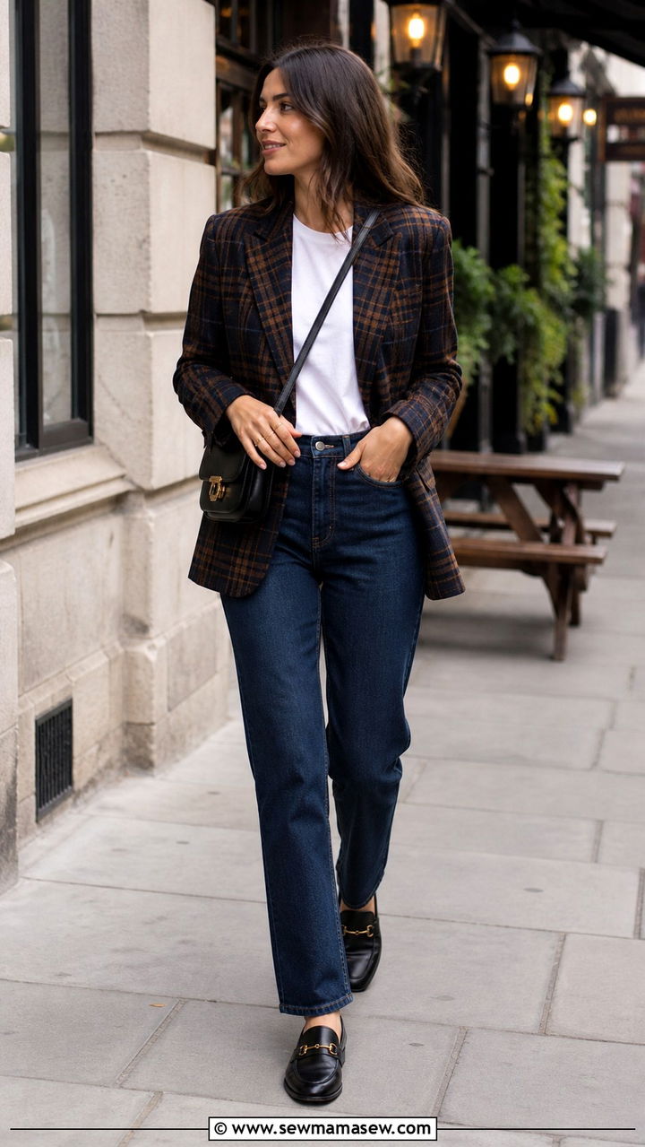 Plaid Blazer with Dark Jeans and Loafers Outfit - 40 What to wear in London