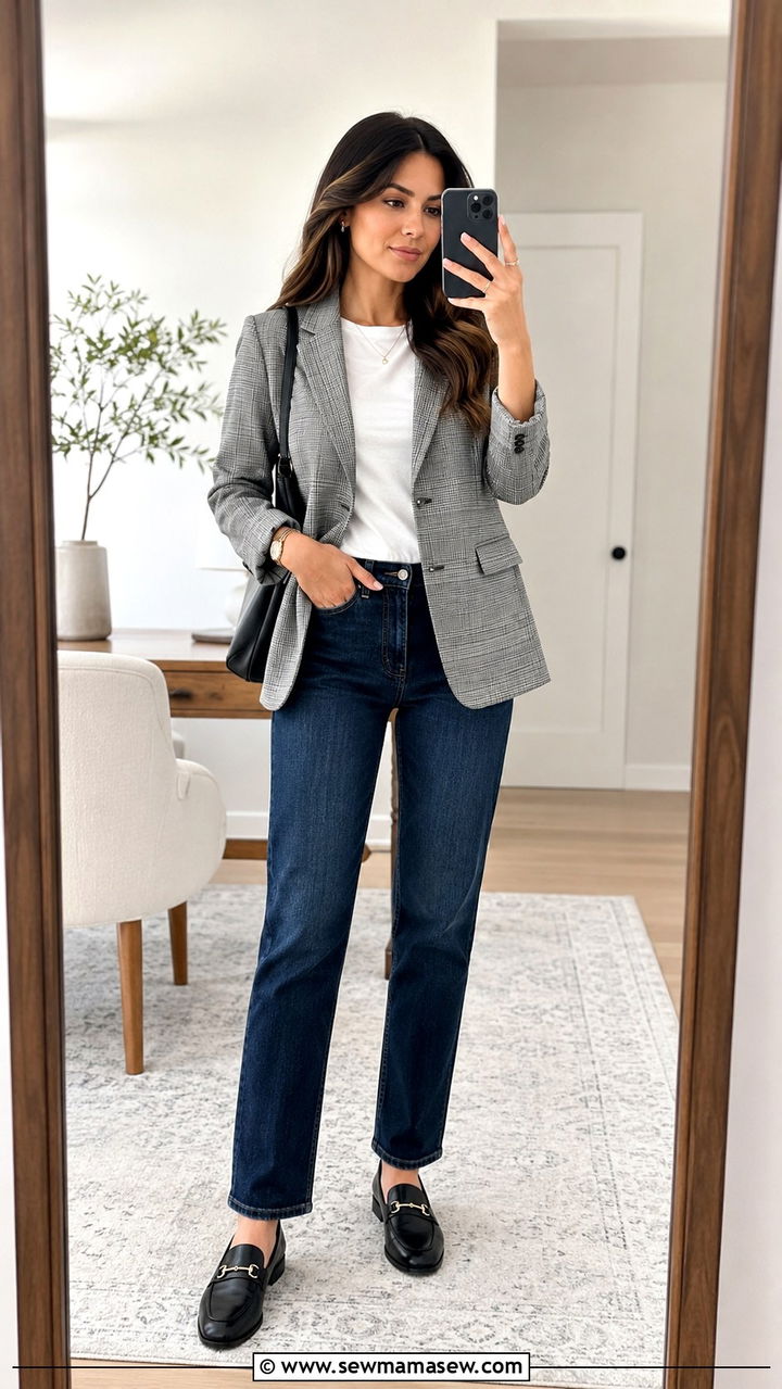 Plaid Blazer with Dark Slim Jeans and Leather Loafers - 25 work outfits Pinterest