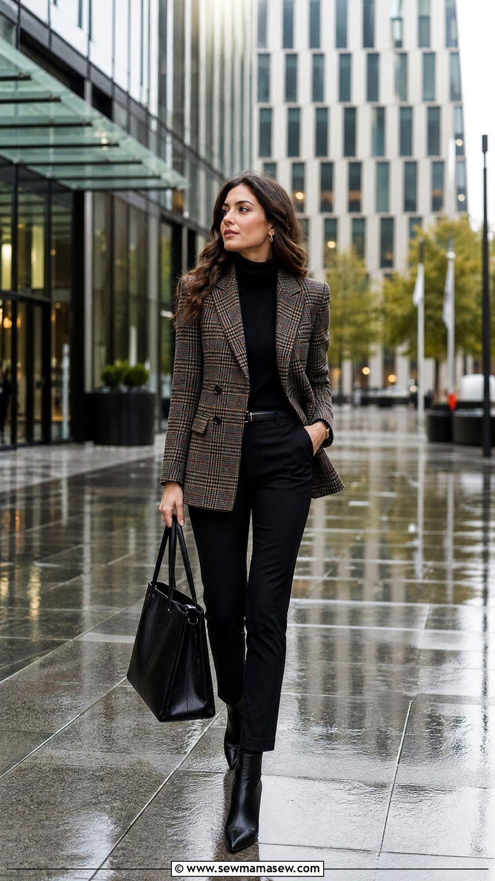 Plaid Blazer with Dark Trousers and Ankle Boots - 25 rainy day outfits inspo
