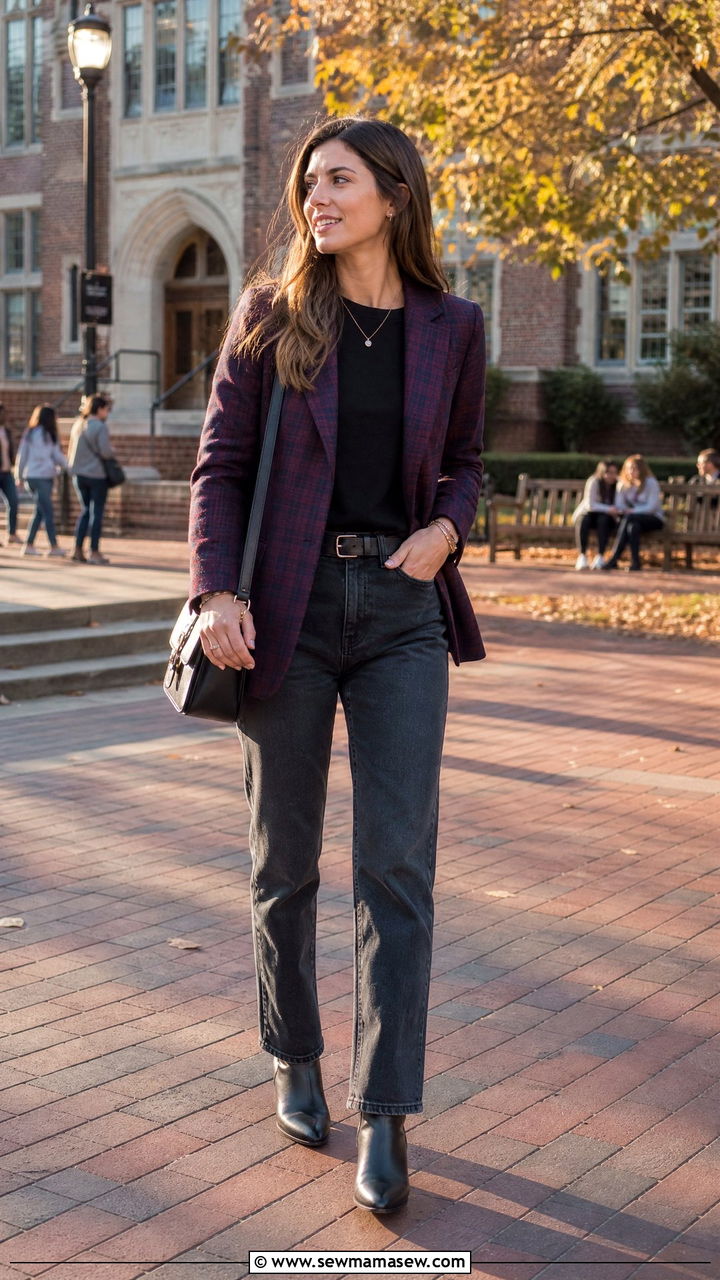 Plaid Blazer with Dark Wash Jeans and Ankle Boots - 30 College campus outfit ideas 2026