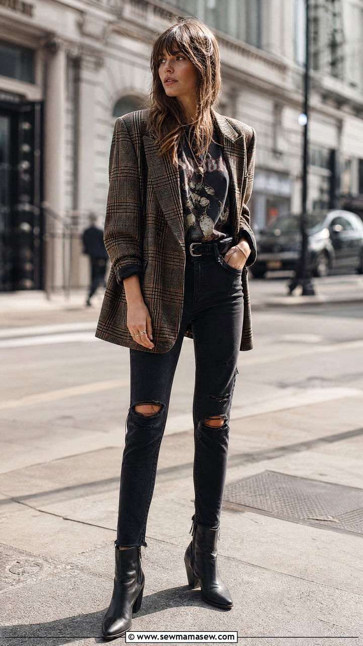Plaid Blazer with Graphic Tee and Ripped Jeans - 35 grunge outfit ideas for women